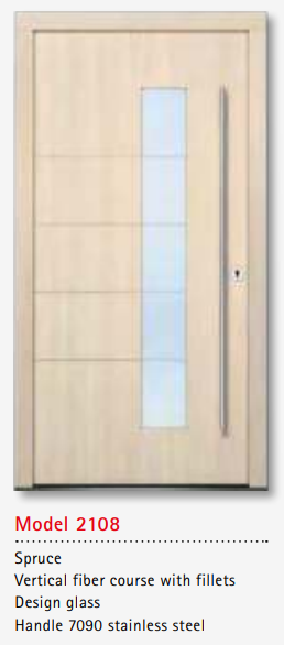 UNILUX Model 2108 Spruce Door, Vertical Fiber, Fillets, Custom Designer Glass, Security Lock, German Made Timber Door